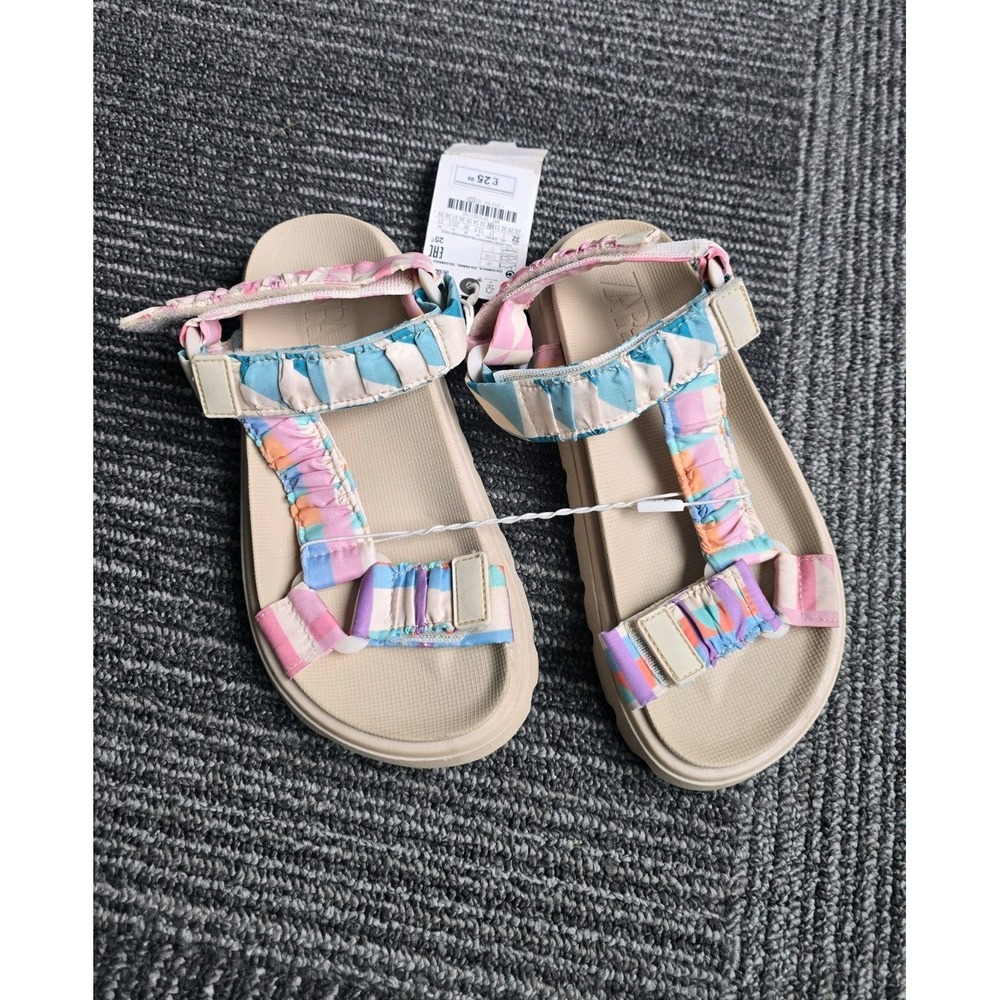 NWT Zara Kids Girls Gathered Fabric Technical Sandals Pastel Stripe Sport 32/1